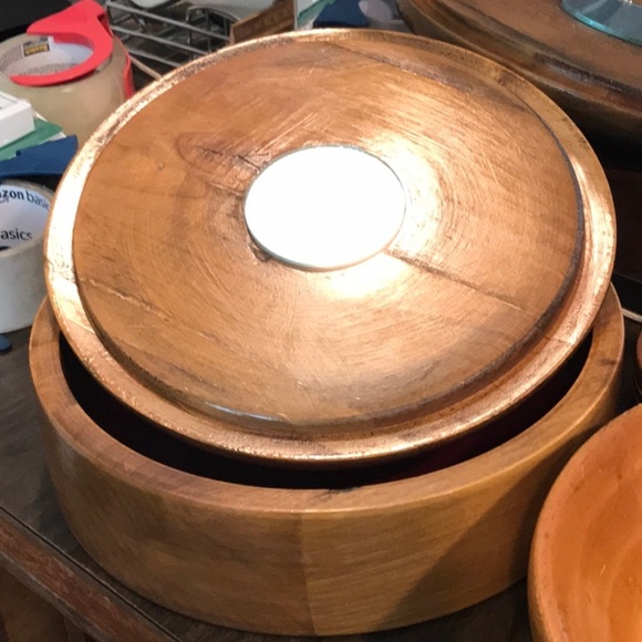 Myrtle Wood Turned Lidded Bowl with Mirror Red Felt Lining Made in Oregon - Picture 7 of 11